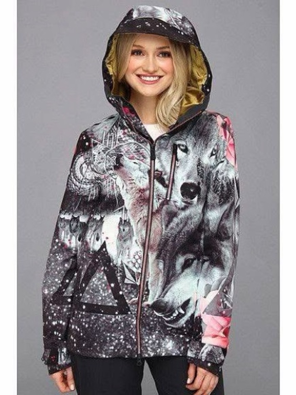 Rare dead stock volcom Gray Wolf Print Hooded Jacket with Pink Accents size s